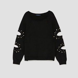 Zara Black Sweater with Cutouts and Pearls on Sleeve - Size Large